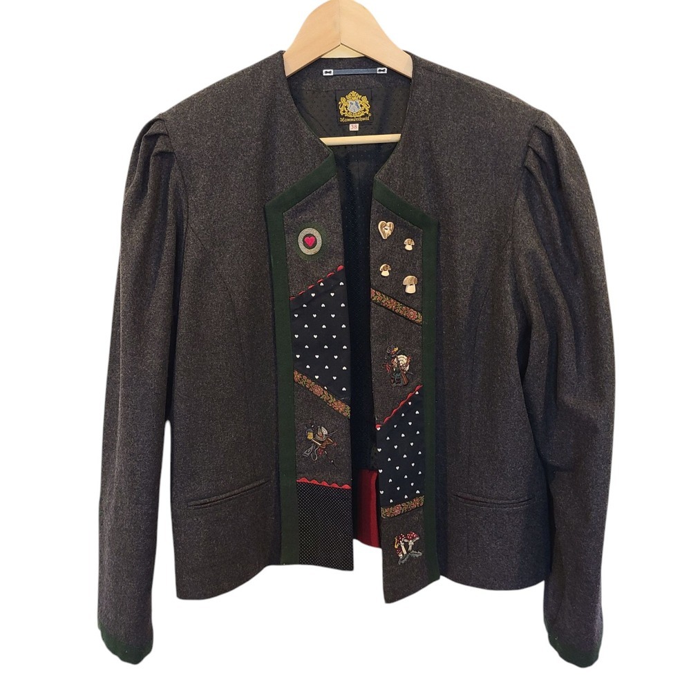 Vtg German wool blend Hammerschmid Gray blazer Mushrooms Octoberfest‎ Euro Sz 36
